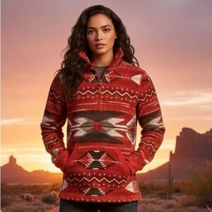 Lauren Ralph Lauren S Red Aztec Hoodie Quarter Zip Tribal Pullover